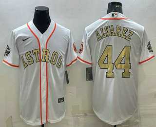 Men%27s Houston Astros #44 Yordan Alvarez White Gold 2022 World Series Champions Stitched Cool Base Nike Jersey